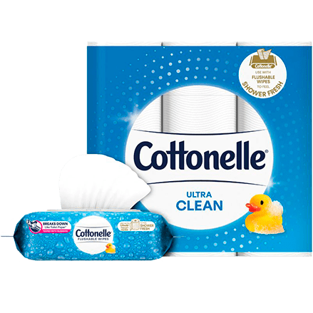 Pair Cottonelle Toilet Paper with Flushable Wipes to clean and cleanse.